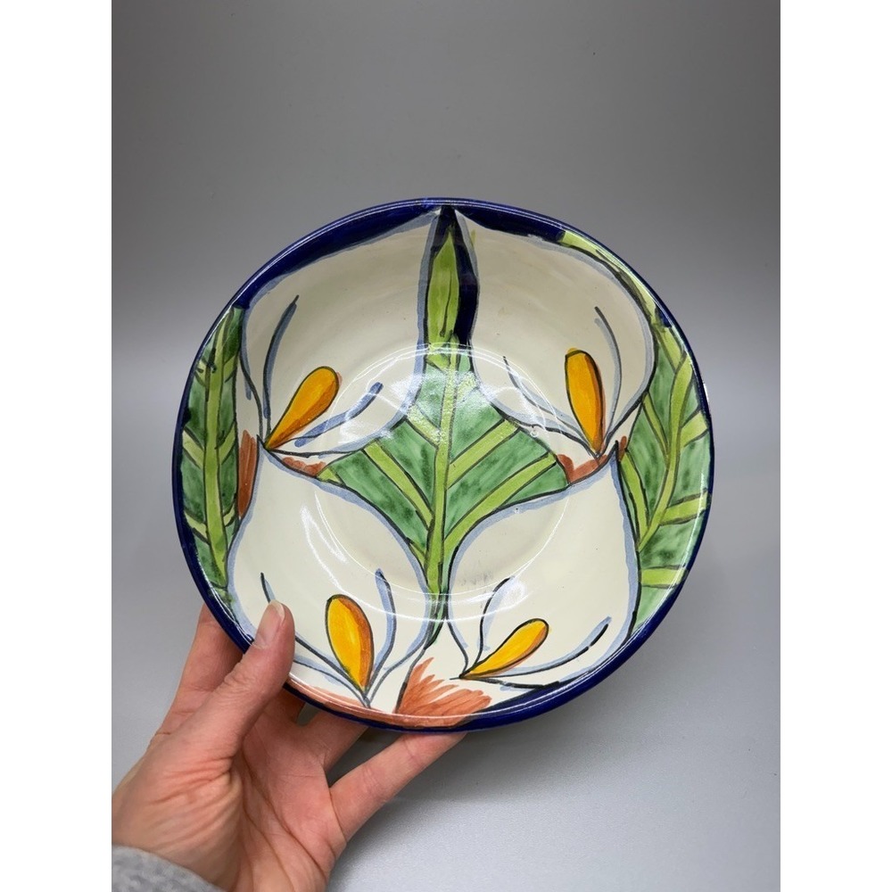 Mexican Folk Art Pottery Small Serving Bowl T Ruth Talavera Calla Lilies Decor